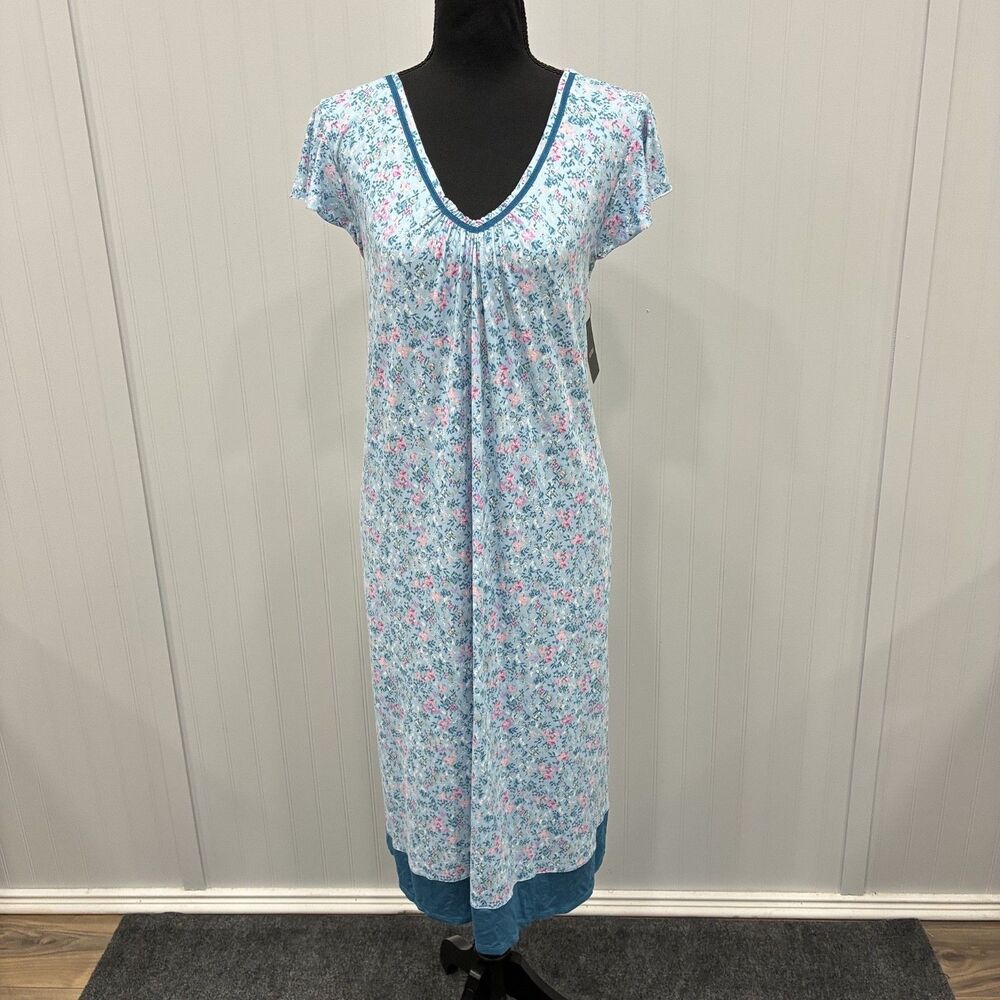 NWT Ellen Tracy Women's Large Blue Floral Nightgown Lightweight Summer Comfort